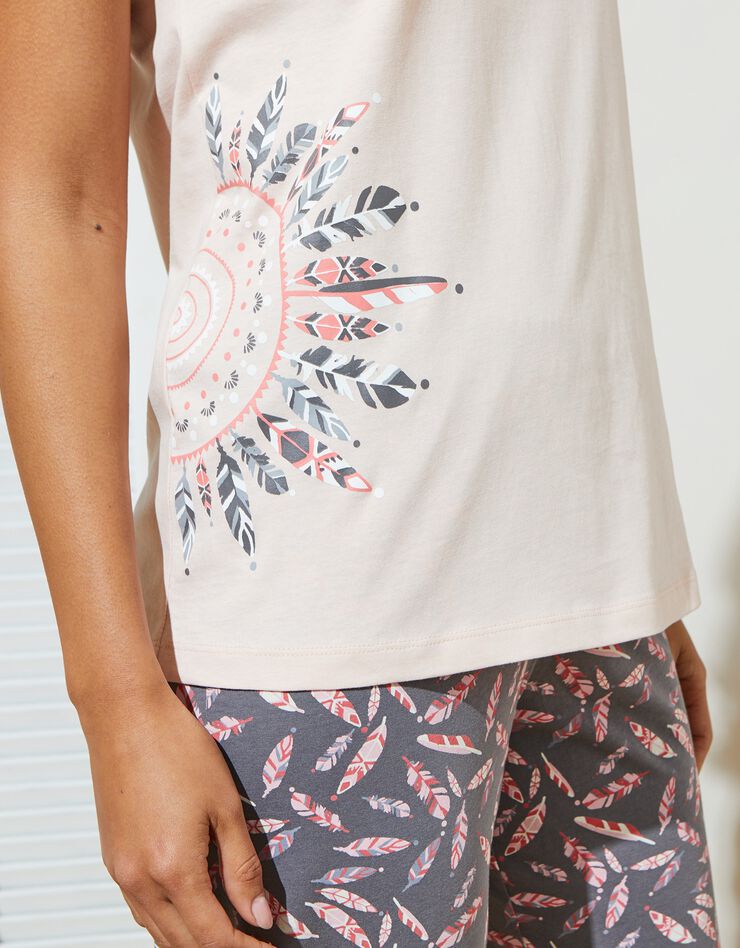 Pyjama pantacourt en jersey imprimé plumes avec pochon assorti (gris / rose)
