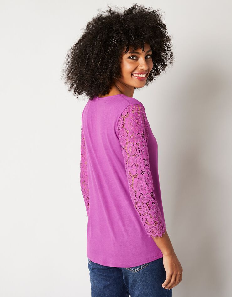 Tee-shirt col zippé manches 3/4 dentelle jersey (violine) Tee-shirt col zippé manches 3/4 dentelle jersey (violine)
