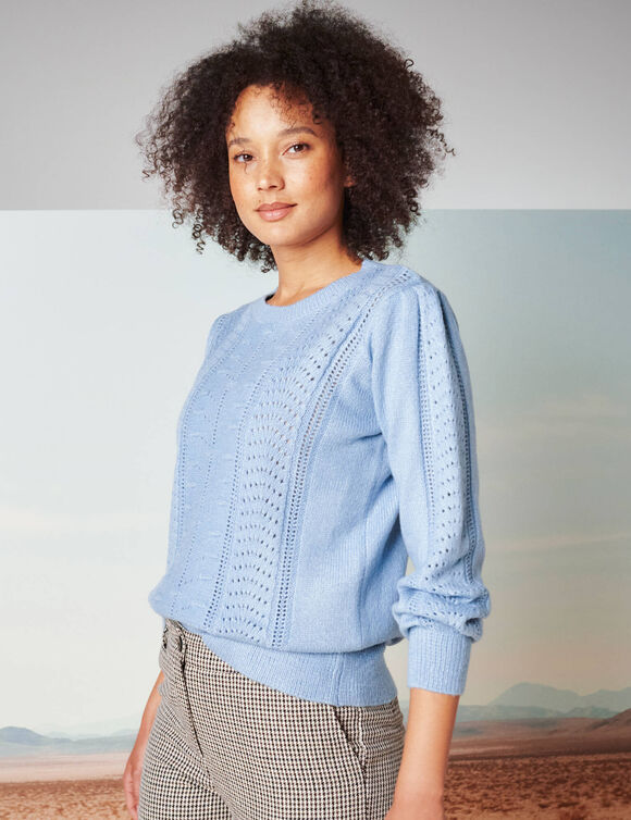 Pull col rond, maille fantaisie toucher doux (bleu grisé)