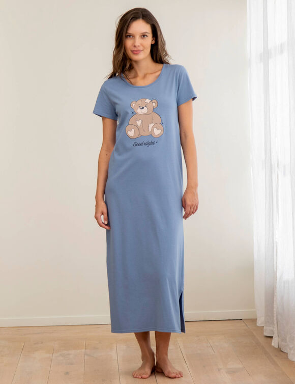 Chemise de nuit longue motif plac&eacute; ourson manches courtes  (bleu gris&eacute;)
