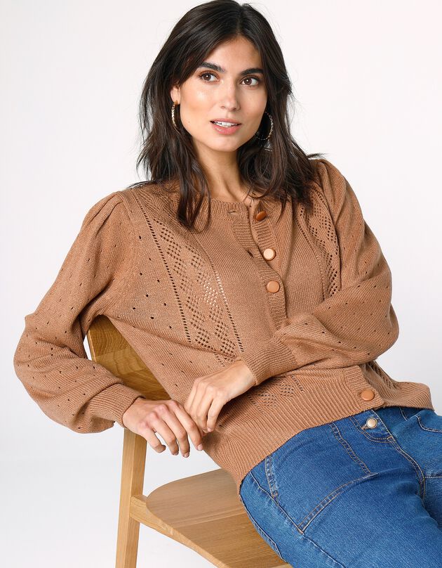 Cardigan boutonné, maille ajourée toucher cachemire (caramel)