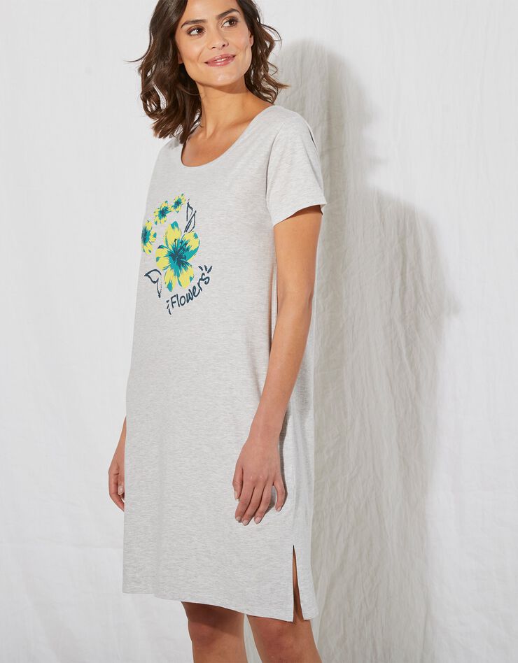 Chemise de nuit version courte – imprimé fleurs de Tiaré (gris chiné) Chemise de nuit version courte – imprimé fleurs de Tiaré (gris chiné)