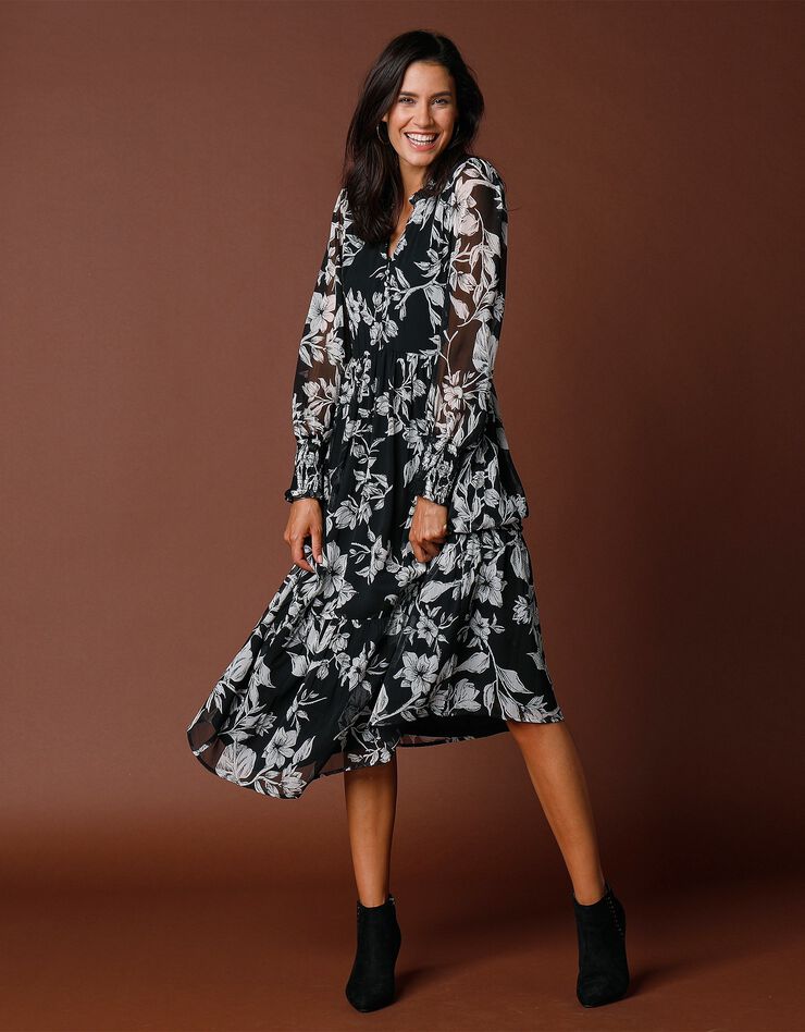 Robe imprimée à volants (noir / écru) Robe imprimée à volants (noir / écru)