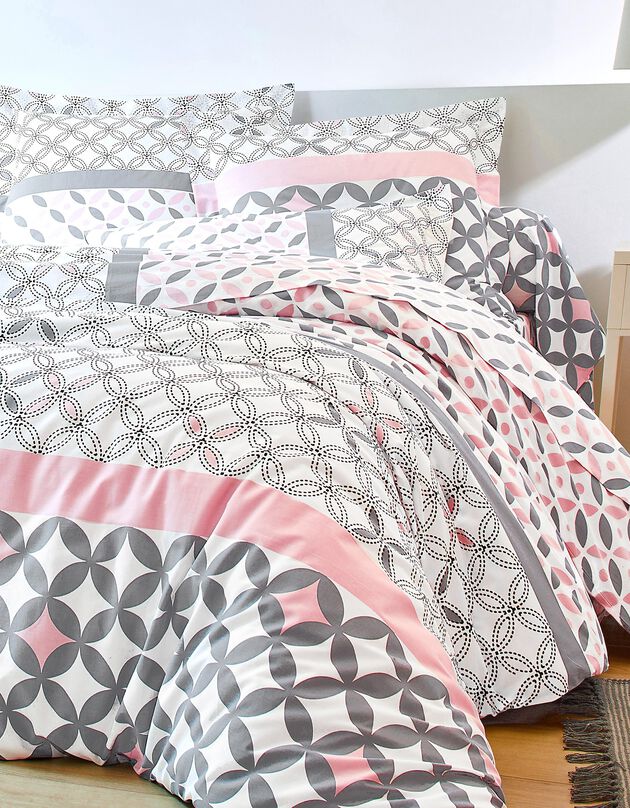 Linge de lit Marlow en coton motifs géométriques (gris / rose)