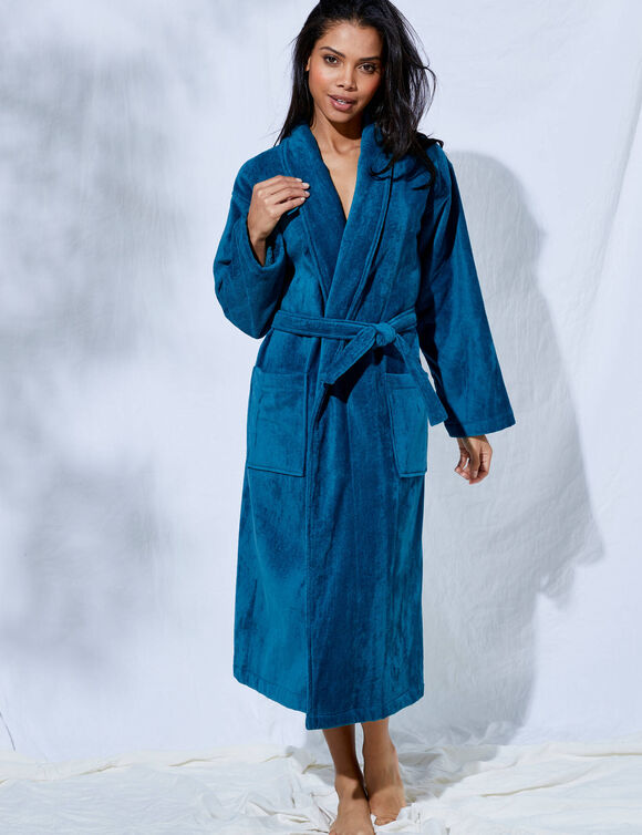 Peignoir mixte adulte éponge velours col châle (bleu paon)