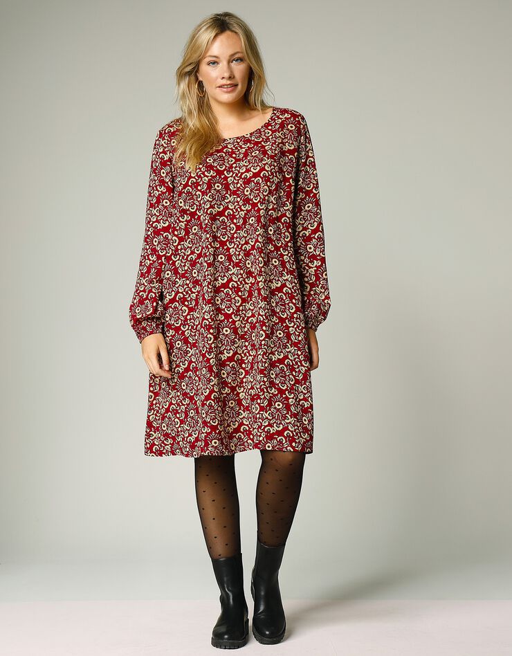 Robe courte évasée imprimée, crêpe (rouge foncé)