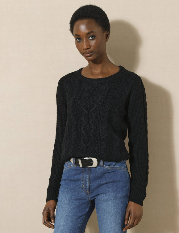 Pull col rond, maille torsadée (noir)