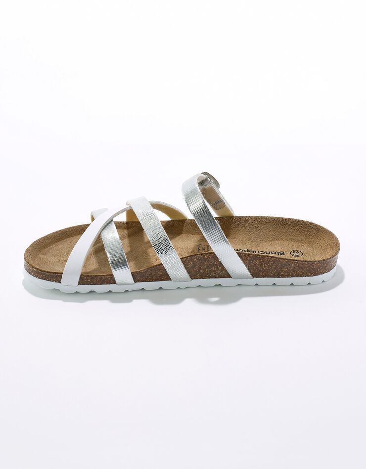 Mules compensées multibrides à boucle réglable en cuir semelle liège (argenté / blanc) Mules compensées multibrides à boucle réglable en cuir semelle liège (argenté / blanc)