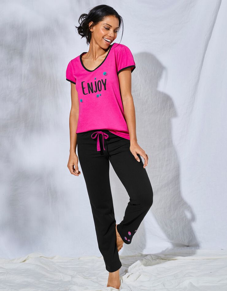 Tee-shirt manches courtes coton uni imprimé placé "Enjoy"  (fuchsia)