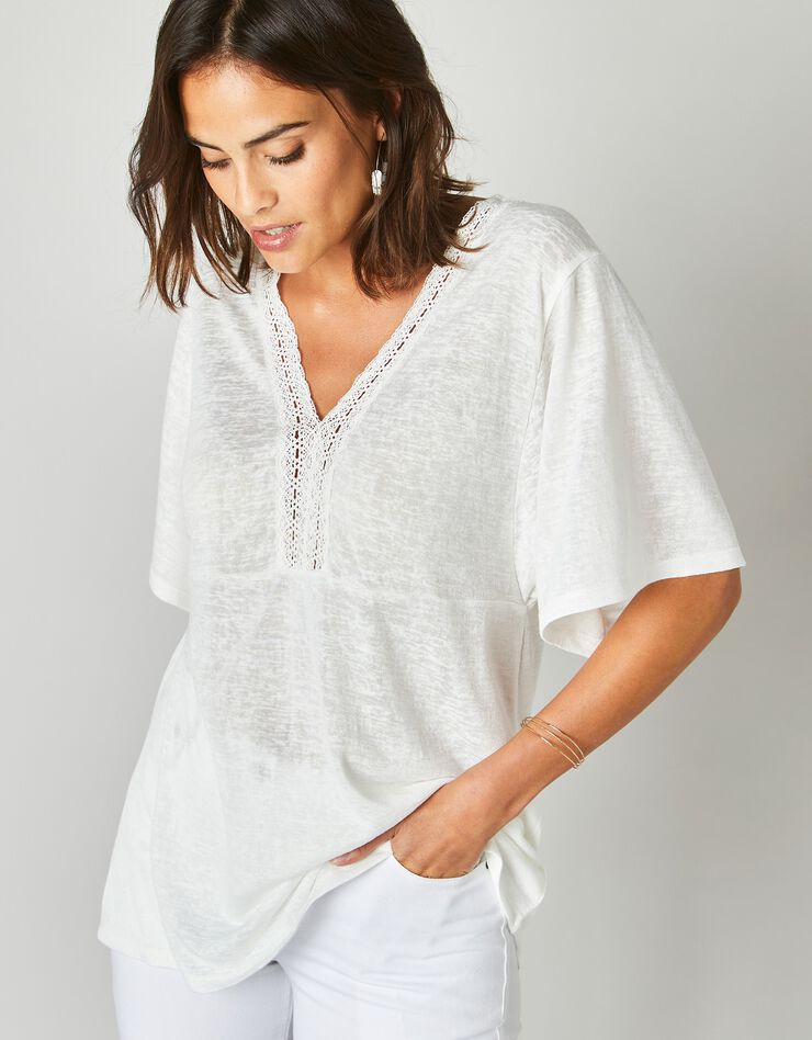 Tee-shirt col V macramé, effet lin (blanc) Tee-shirt col V macramé, effet lin (blanc)