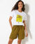 T-shirt col rond imprim&eacute; palmier, volume loose (blanc / anis)