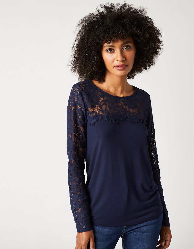 Tee-shirt col rond manches longues, dentelle jersey (marine) Tee-shirt col rond manches longues, dentelle jersey (marine)