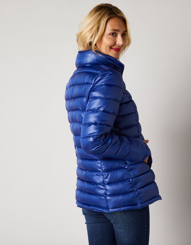 Doudoune zippée courte col montant unie, déperlante (bleu dur)