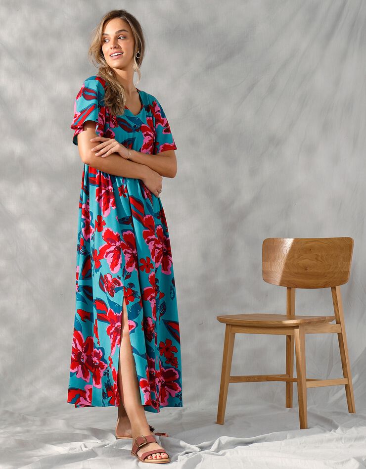 Robe longue manches "papillon" imprimée grandes fleurs (lagon / corail)