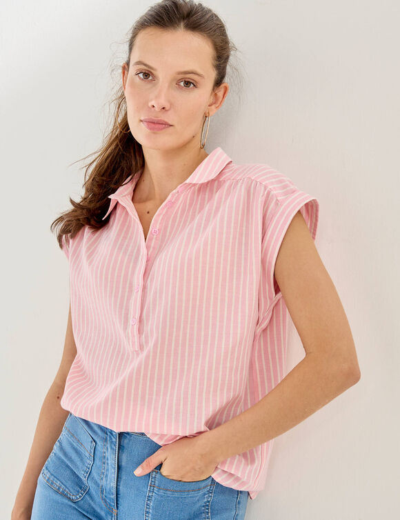 Blouse manches courtes &agrave; revers, rayures bicolores (rose / blanc)