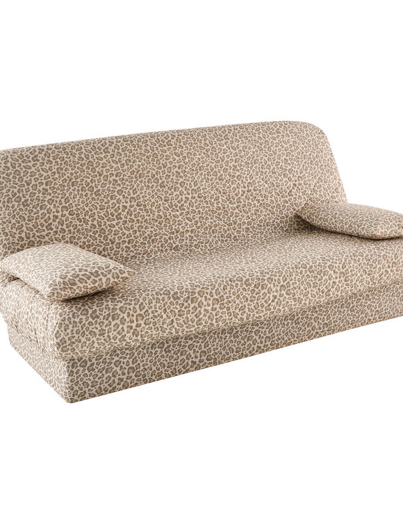 Housse clic-clac standard matelass&eacute;e imprim&eacute; l&eacute;opard (taupe)