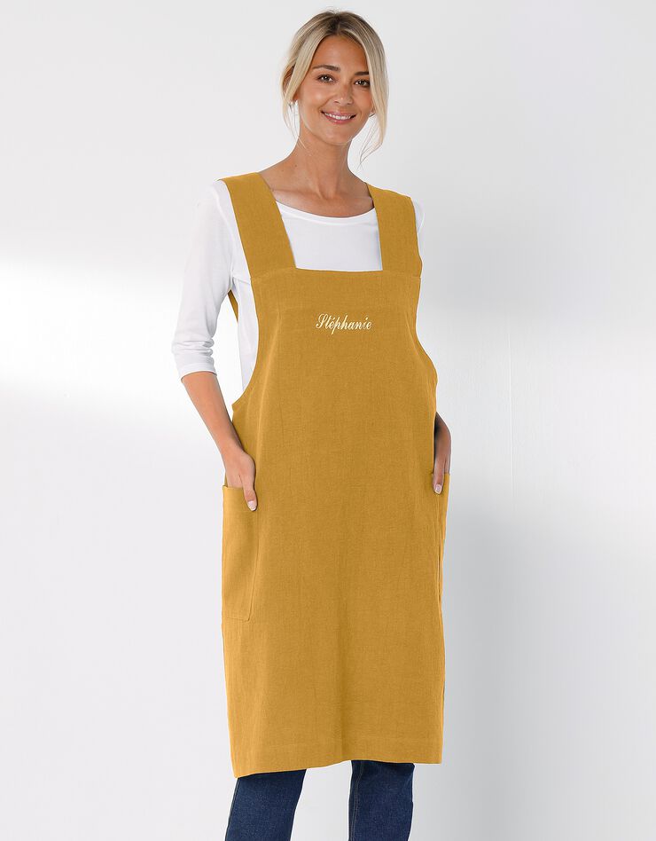 Tablier de cuisine japonais coton et lin uni personnalisable (jaune)