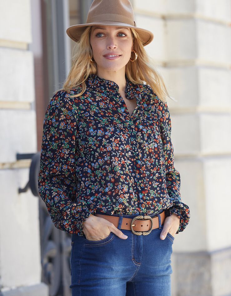 Blouse volantée imprimée, crépon (marine / vert) Blouse volantée imprimée, crépon (marine / vert)