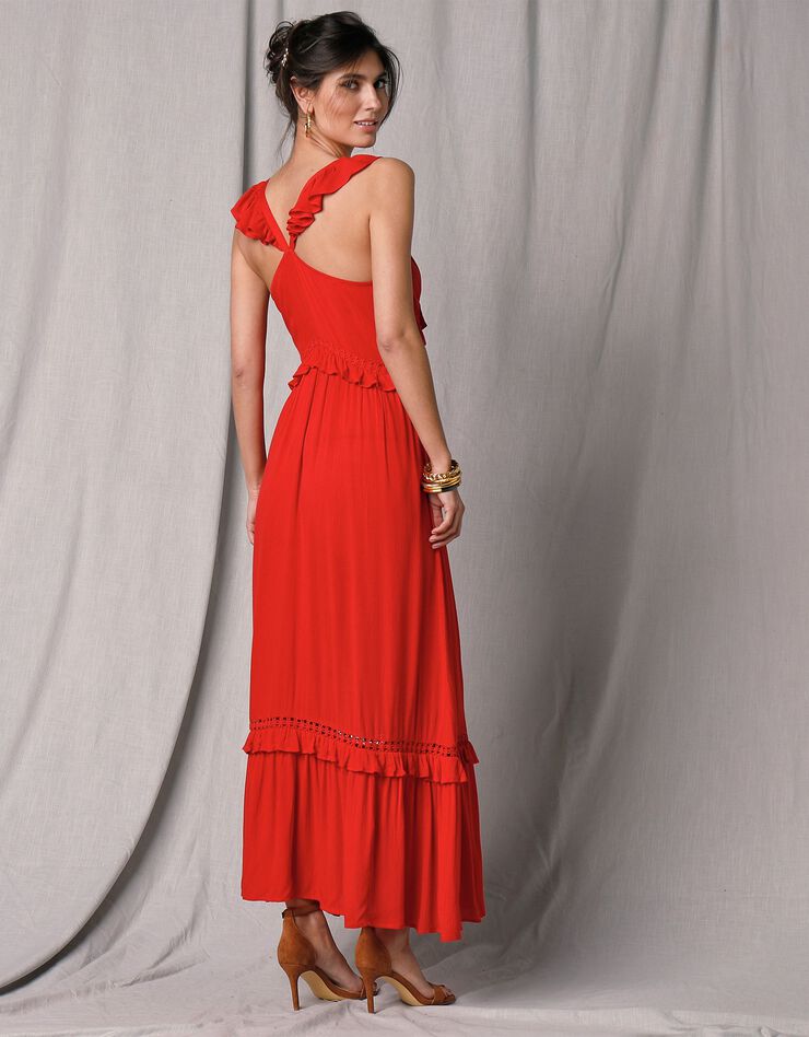 Robe longue crépon et macramé bretelles volantées (rouge) Robe longue crépon et macramé bretelles volantées (rouge)