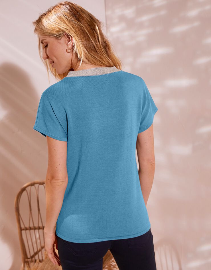 Pull col V manches courtes fils brillants (bleu grisé) Pull col V manches courtes fils brillants (bleu grisé)