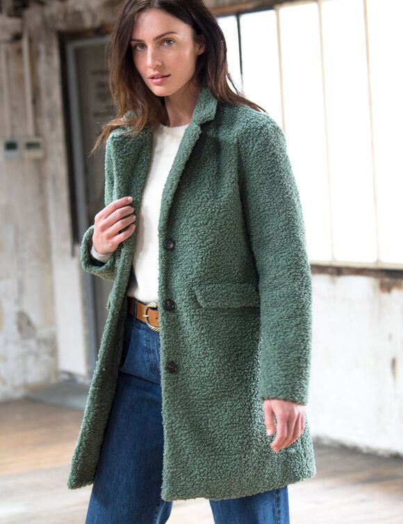 Manteau maille bouclette col tailleur (vert gris&eacute;)
