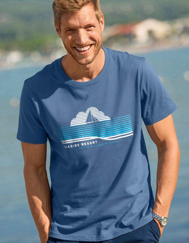 Tee-shirt imprimé placé manches courtes (bleu) Tee-shirt imprimé placé manches courtes (bleu)