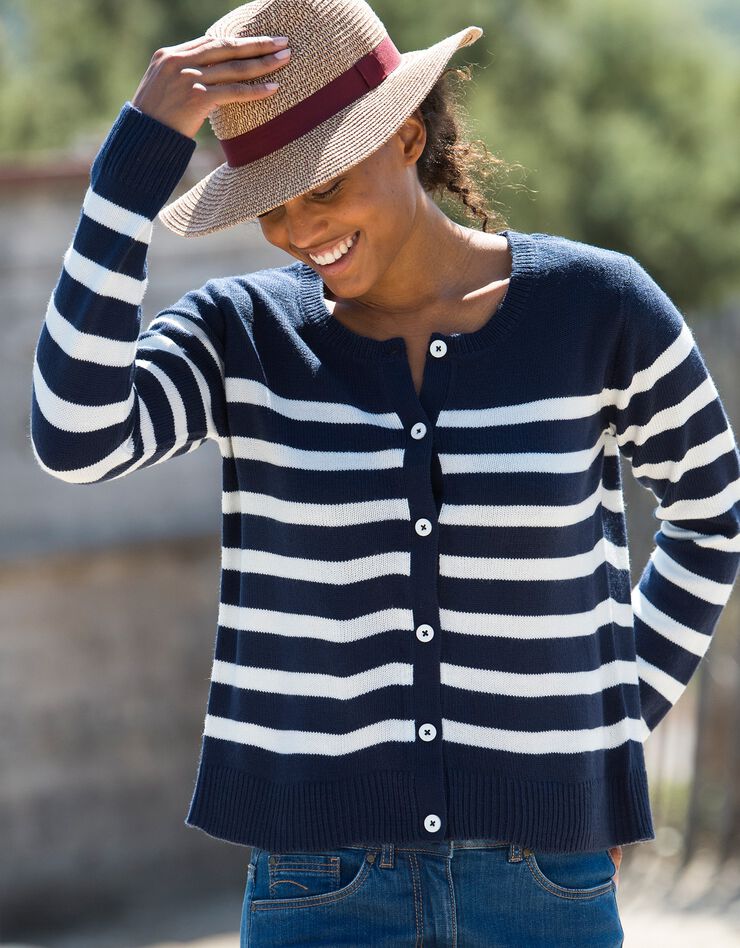 Cardigan rayé boutonné (marine / écru) Cardigan rayé boutonné (marine / écru)