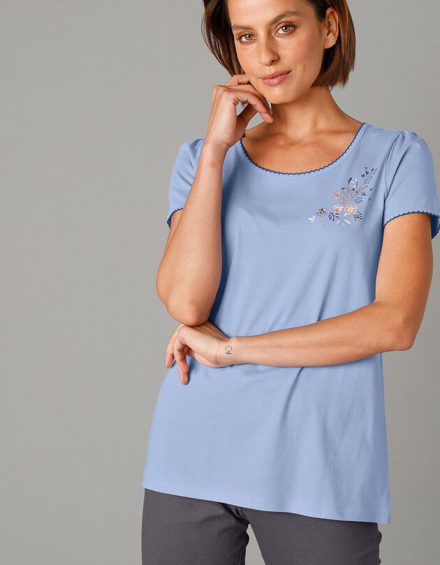 Tee-shirt manches courtes imprimé placé fleurs jersey coton (bleu)