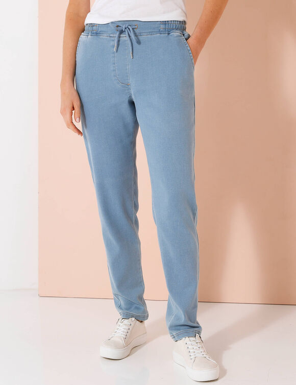 Pantalon jogpant maille effet jean, ceinture &eacute;lastiqu&eacute;e (bleached)
