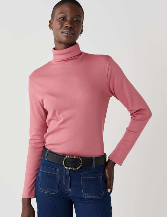 Sous-pull col roul&eacute; en maille c&ocirc;tel&eacute;e, uni (rose)