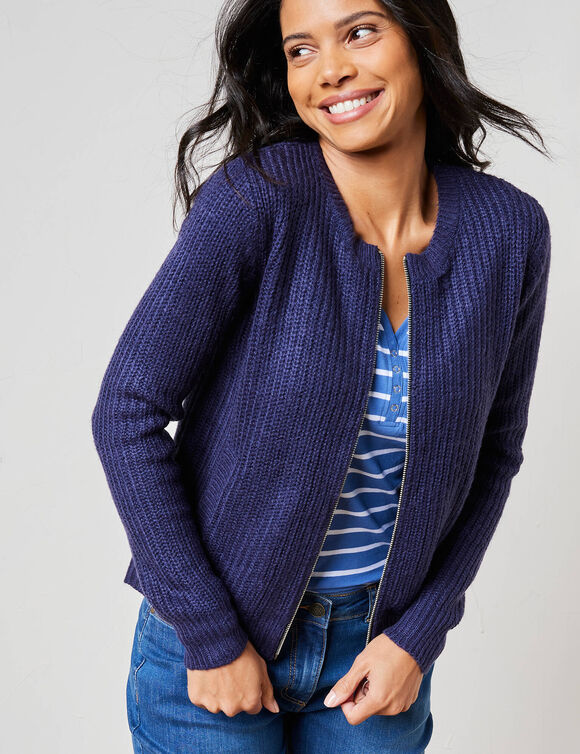 Gilet zipp&eacute;, maille anglaise (marine)