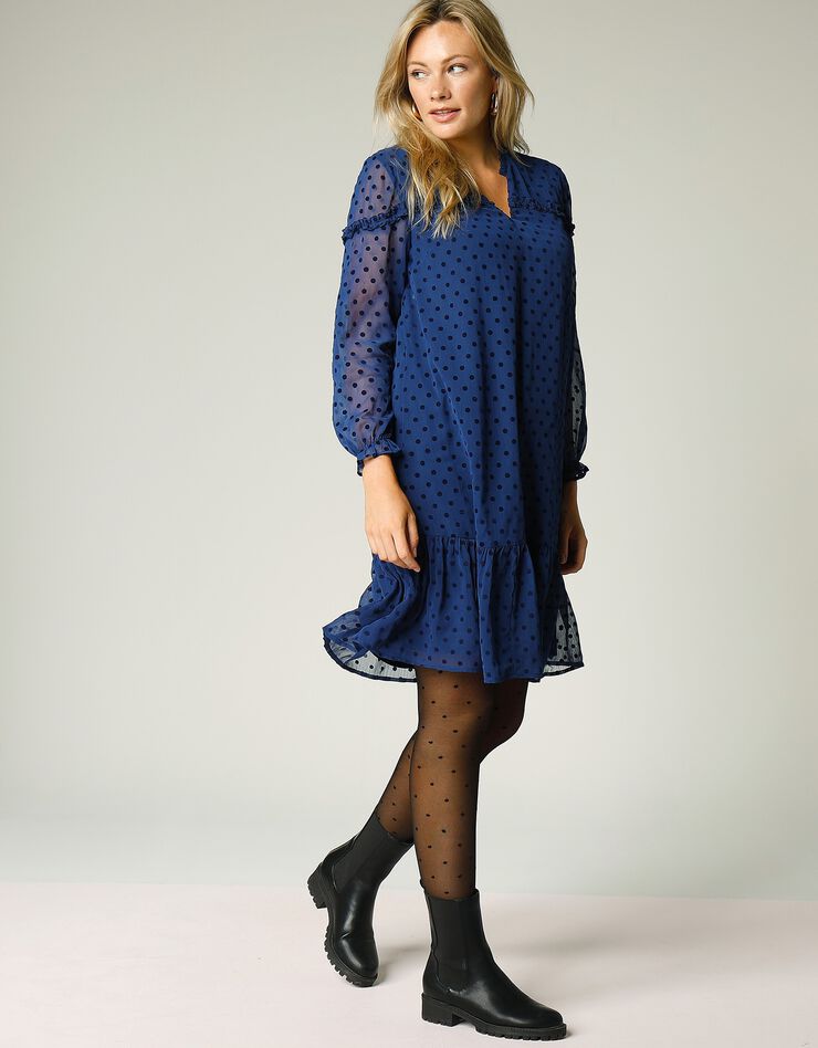 Robe en velours à pois (bleu indigo) Robe en velours à pois (bleu indigo)