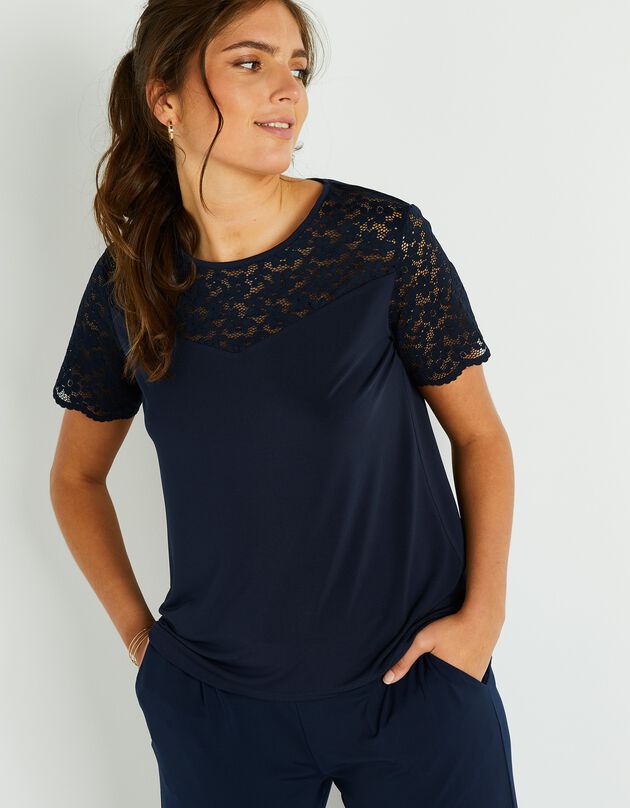 Tee-shirt dentelle col rond manches courtes uni (marine)