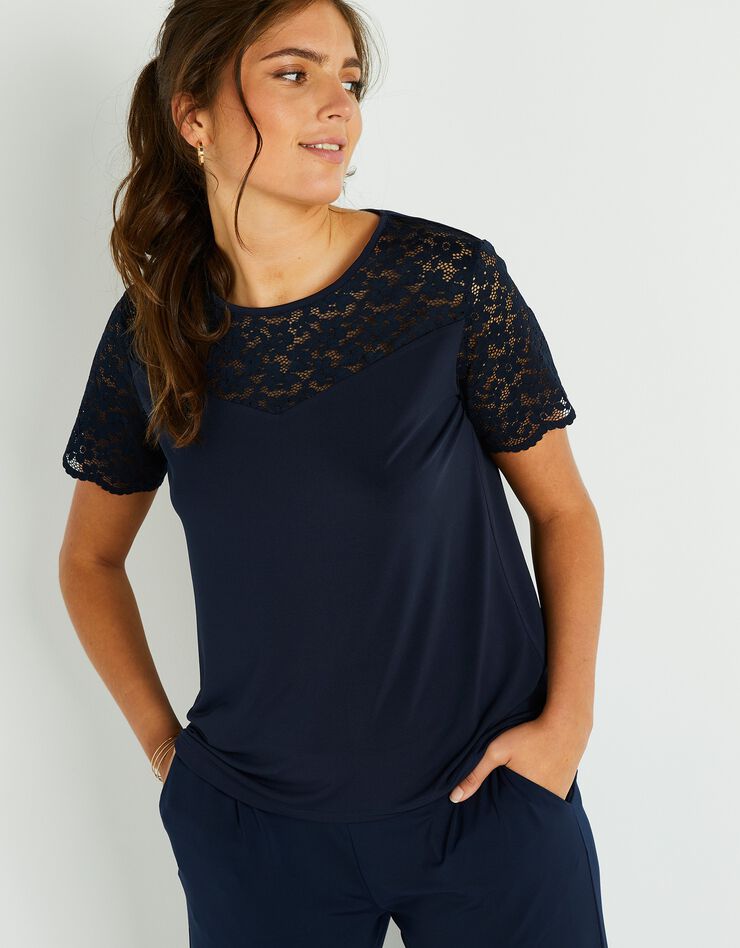Tee-shirt dentelle col rond manches courtes uni (marine) Tee-shirt dentelle col rond manches courtes uni (marine)