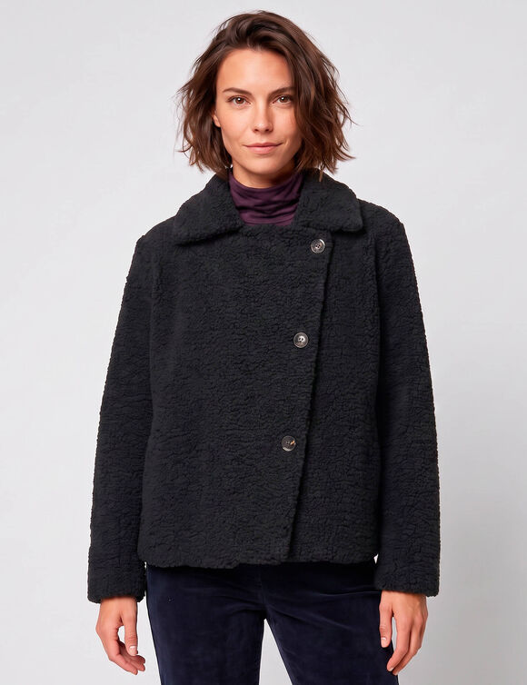 Manteau court maille bouclette col tailleur (noir)