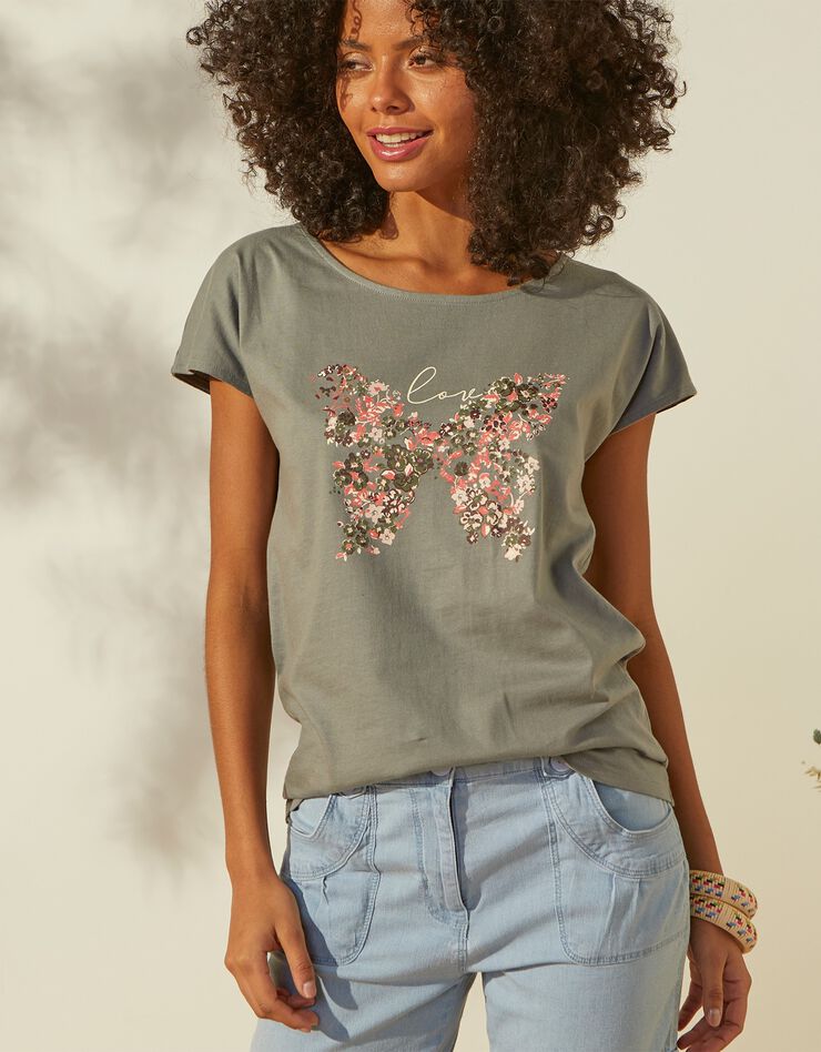 Tee-shirt papillon blanc - achat responsable (vert grisé) Tee-shirt papillon blanc - achat responsable (vert grisé)