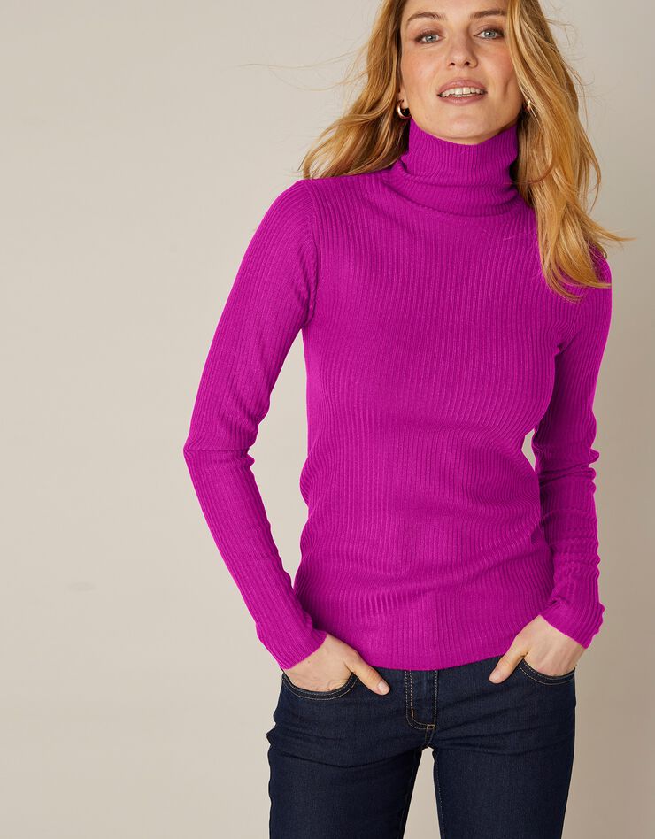 Pull col roulé uni maille côtelée (rose fuchsia) Pull col roulé uni maille côtelée (rose fuchsia)