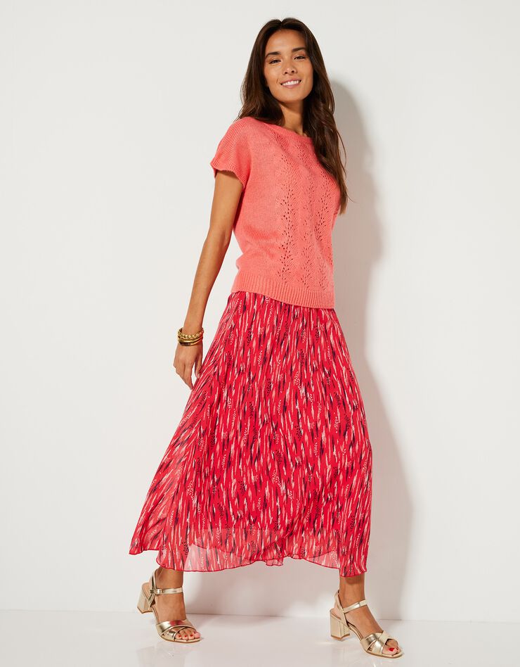 Pull manches courtes, maille ajourée toucher mohair (corail) Pull manches courtes, maille ajourée toucher mohair (corail)