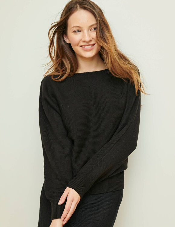 Pull loose col bateau, manches longues chauve souris (noir)