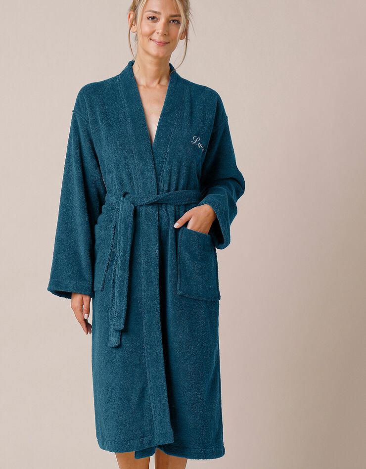 Peignoir mixte adulte uni coton éponge bouclette col kimono personnalisé (bleu paon) Peignoir mixte adulte uni coton éponge bouclette col kimono personnalisé (bleu paon)