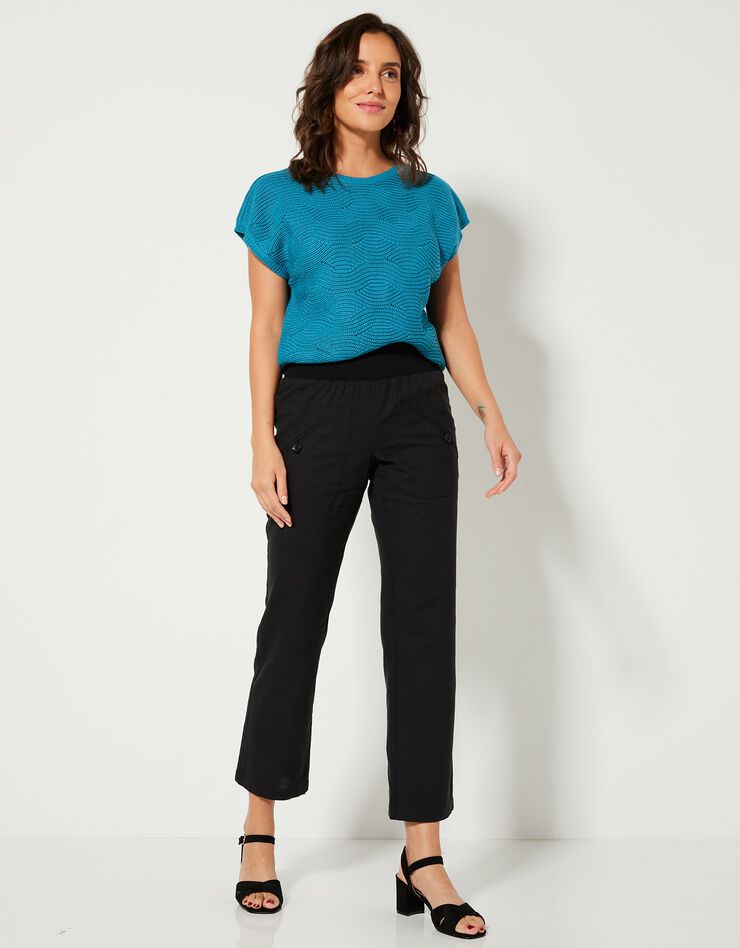 Pantalon coupe droite 7/8ème taille élastiquée, lin coton (noir) Pantalon coupe droite 7/8ème taille élastiquée, lin coton (noir)