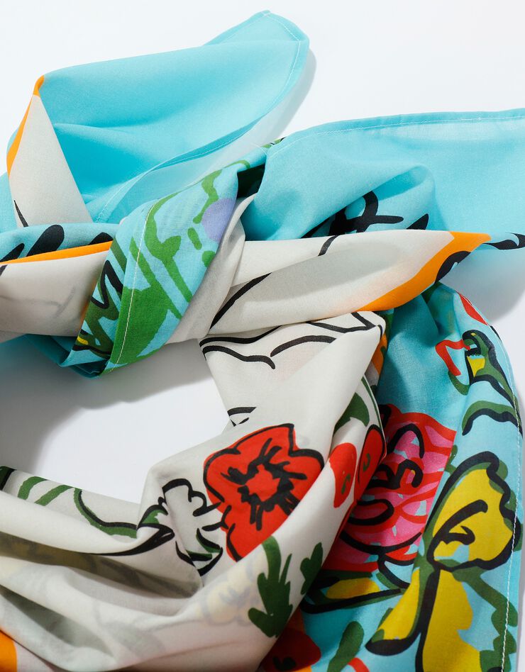 Foulard fabriqué en France imprimé fleurs, 100 x 100 cm  - coton (bleu ciel)