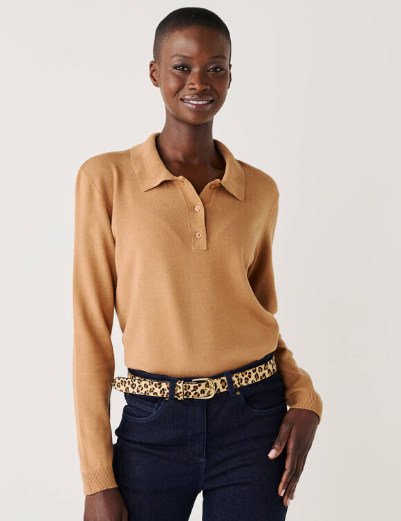 Pull col polo boutonn&eacute;, toucher doux (noisette)