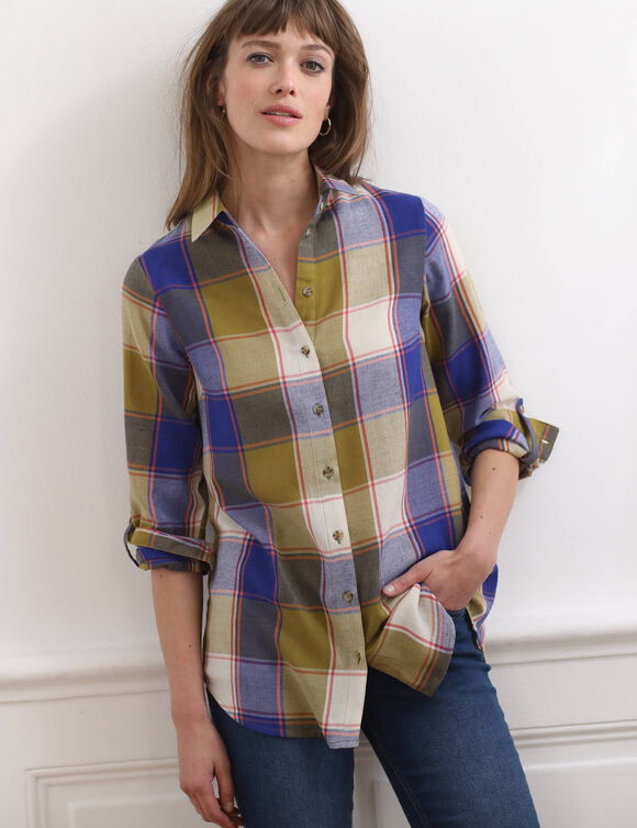 Chemise longue grands carreaux, flanelle (vert mousse / écru)
