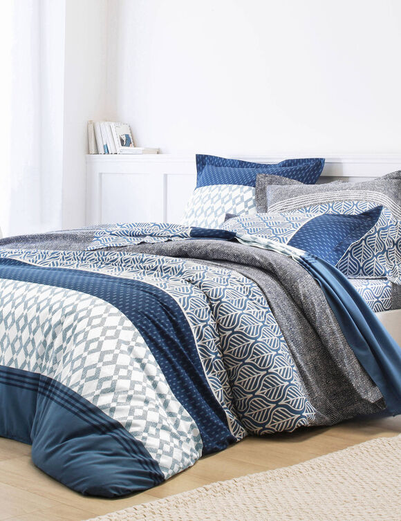 Linge de lit Tommy imprim&eacute; g&eacute;om&eacute;trique - coton 57 fils/cm&sup2; (bleu)