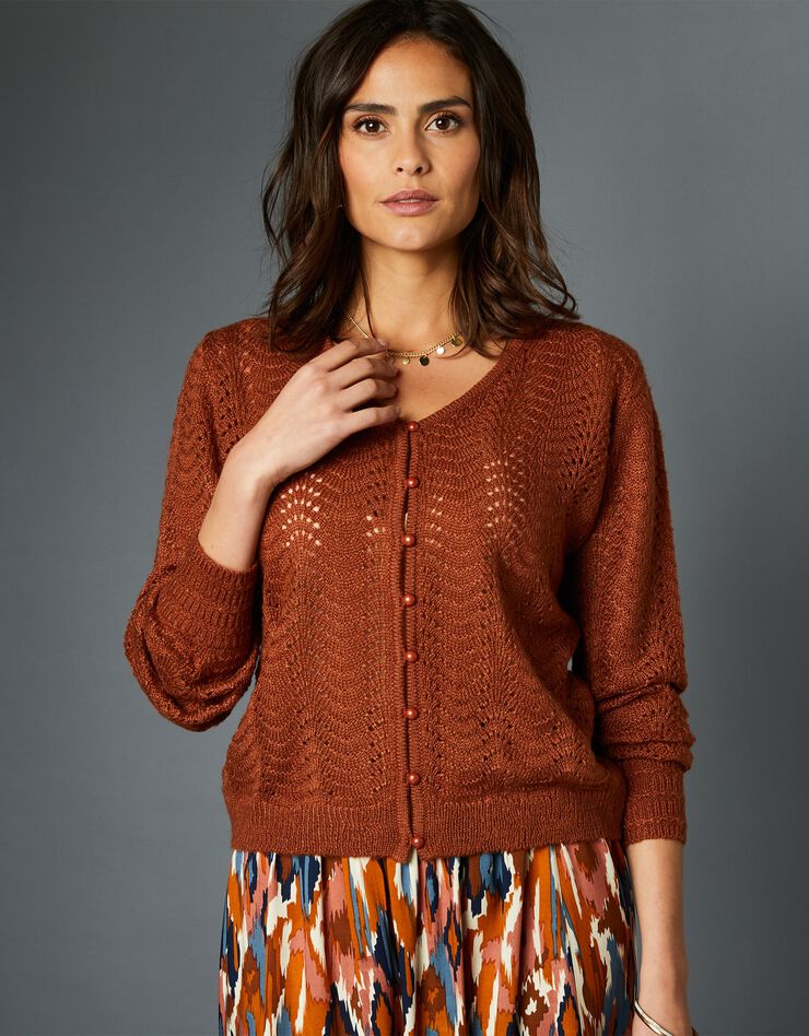 Gilet maille fantaisie ajourée toucher mohair (caramel) Gilet maille fantaisie ajourée toucher mohair (caramel)