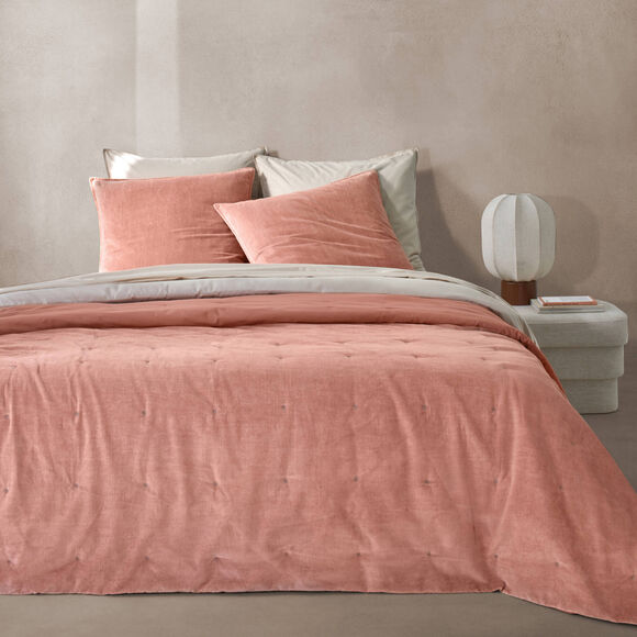 Couvre-lit capitonn&eacute; r&eacute;versible bi-mati&egrave;re - velours 100g/m&sup2; et coton lav&eacute; 57 fils/cm&sup2; (rose blush)