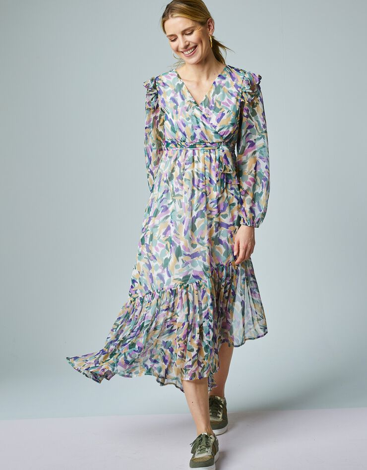 Robe longue volantée asymétrique en voile imprimé (kaki / naturel)