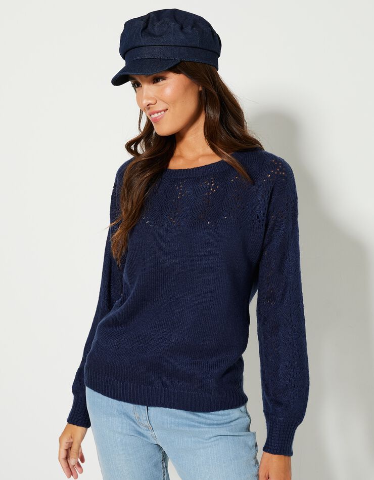Pull manches longues blousantes, maille ajourée toucher mohair (marine) Pull manches longues blousantes, maille ajourée toucher mohair (marine)