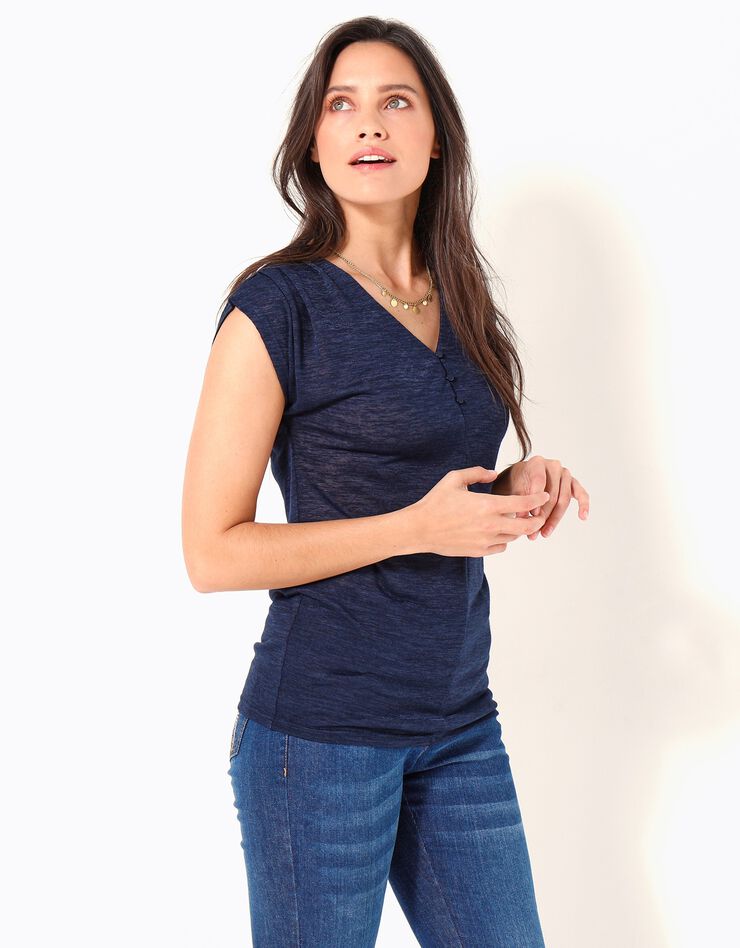 Tee-shirt uni col V boutonné, effet lin (marine) Tee-shirt uni col V boutonné, effet lin (marine)